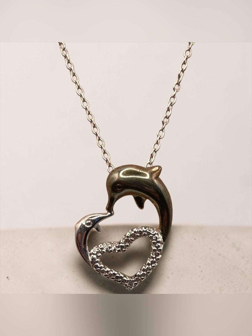 Sterling Silver Double Dolphin Heart Pendant Necklace